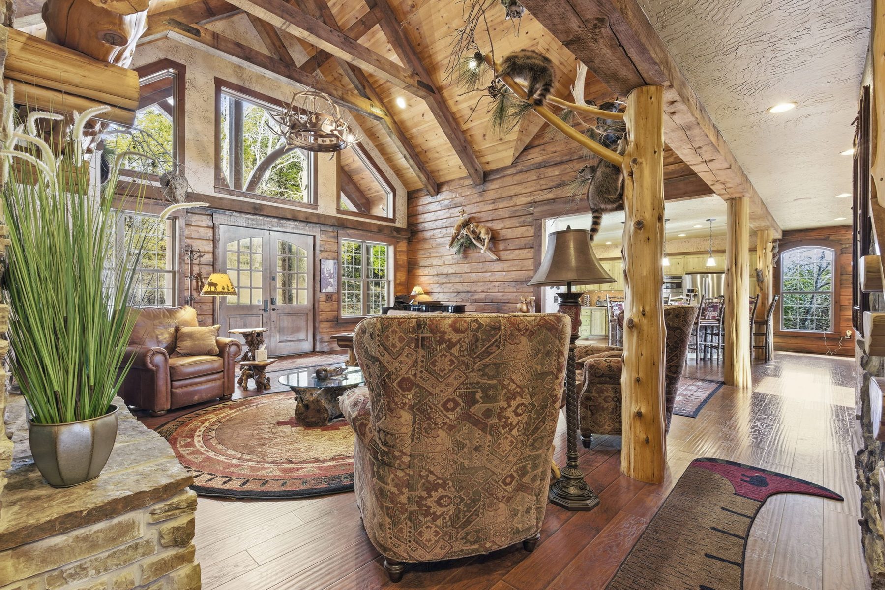 Cathedral great room with timber-frame beams