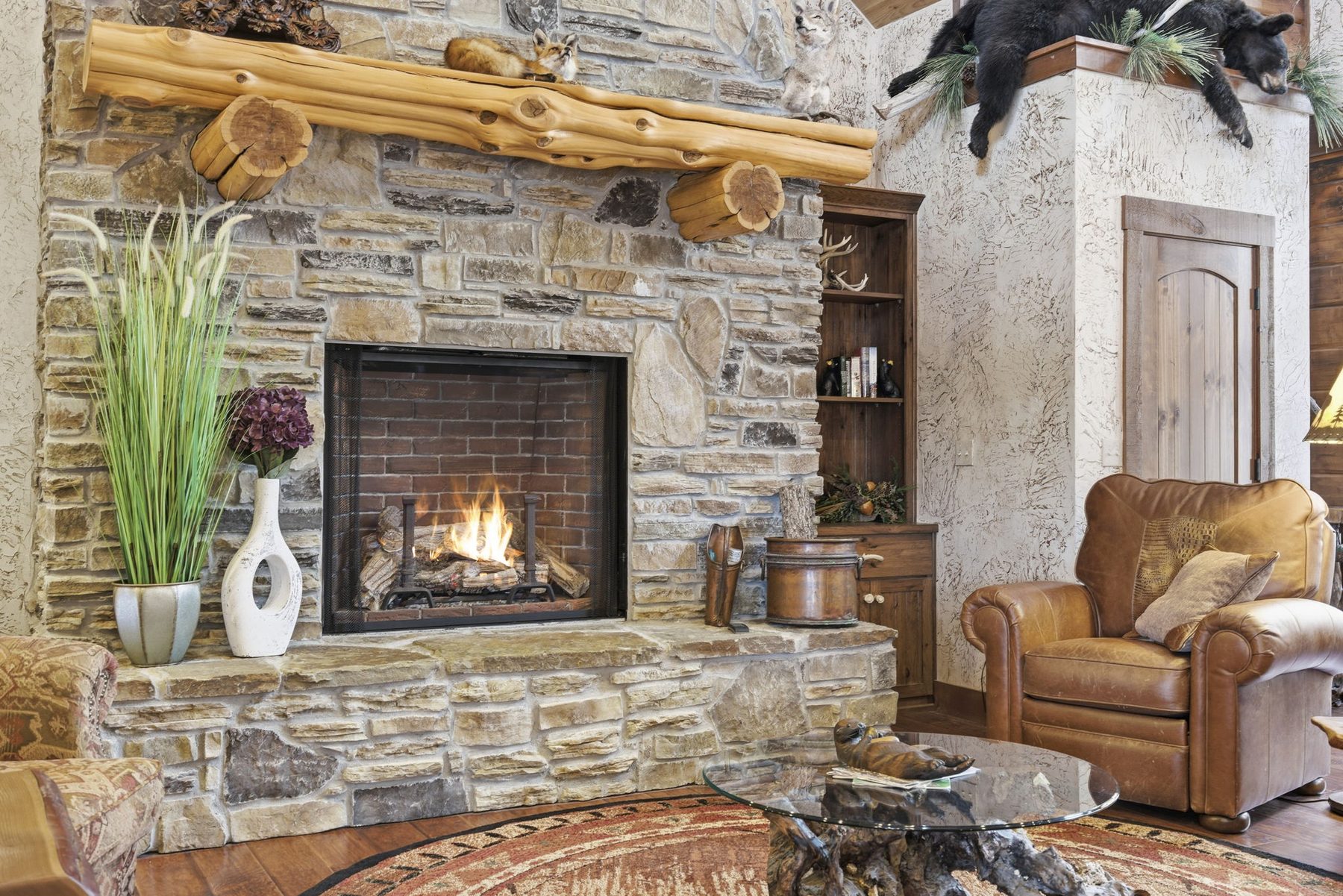 Stone hearth fireplace in the great room